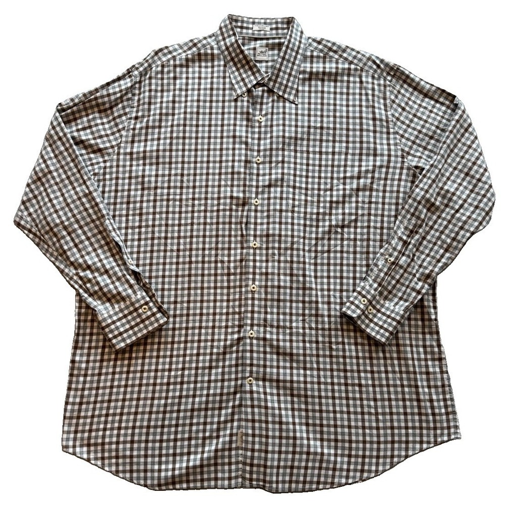 Peter Millar Men's XXL Brown Gray Plaid Button Front Dress Shirt Cotton